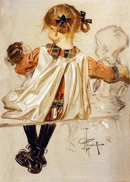 Young Girl With Doll - Study Oil Painting by Joseph Christian Leyendecker