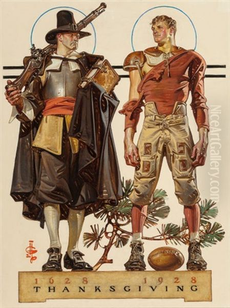 Thanksgiving, 1628-1928: 300 Years (pilgrim And Football Player), The Saturday Evening Post Cover, November 24, 1928 Oil Painting by Joseph Christian Leyendecker