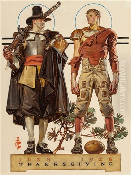 Thanksgiving, : 300 Years (pilgrim And Football Player), The Saturday Evening Post Cover, November 24, 1928 by Joseph Christian Leyendecker