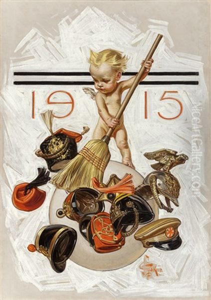 New Year's Baby (cleaning Up), The Saturday Evening Post Cover, January Oil Painting by Joseph Christian Leyendecker