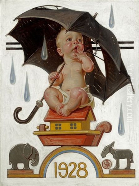 New Year's Baby, Beginning To Rain, The Saturday Evening Post Cover Oil Painting by Joseph Christian Leyendecker