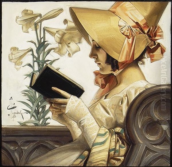 Bonneted Lady In Church (magazine Cover Illus. For 4/22/1905 Issue Of Saturday Evening Post) Oil Painting by Joseph Christian Leyendecker