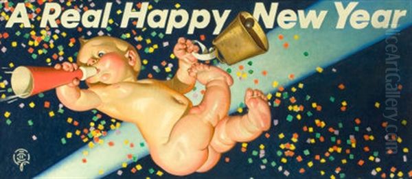 A Real Happy New Year Oil Painting by Joseph Christian Leyendecker