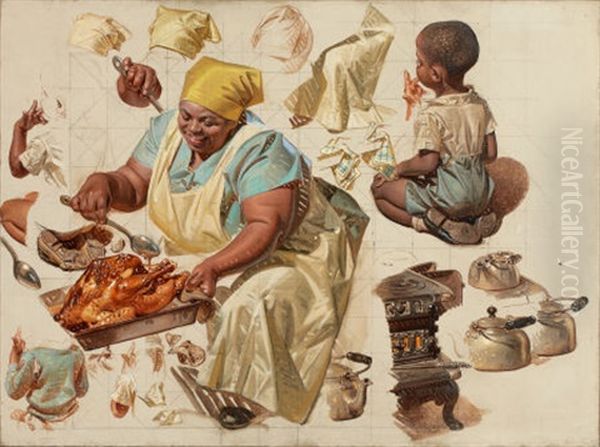 Basting The Turkey, Saturday Evening Post Cover (study) (+ 2 Other Studies, Irgr; 3 Works) Oil Painting by Joseph Christian Leyendecker