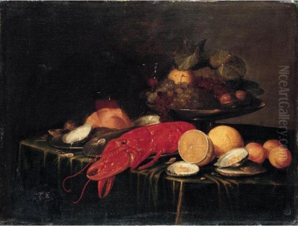 Still Life Of A Tazza Of Fruit, Together With A Lobster, Oysters, Prawns, Lemons And Peaches, Arranged Upon A Table-top Draped With A Green Cloth Oil Painting by Andries, Andrea Benedetti