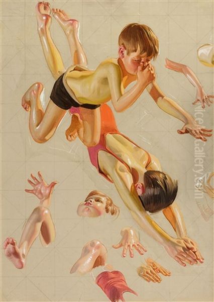 Boys Diving, Saturday Evening Post Cover (study) Oil Painting by Joseph Christian Leyendecker