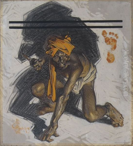 Turbanned Man Crouched With Knife by Joseph Christian Leyendecker