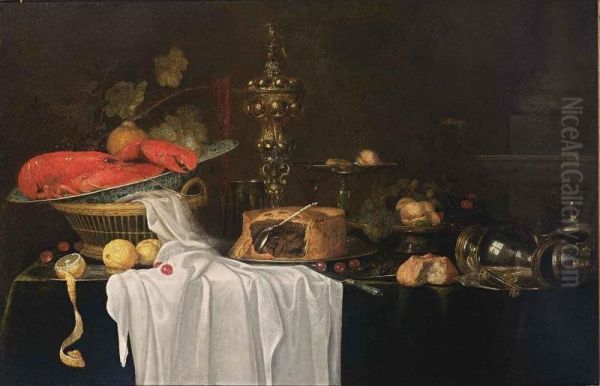 A Sumptuous Still Life With A Lobster In A Wan-li Kraak Porcelain Bowl In A Basket Together With Grapes, Cherries And Lemons, A Flute, A Silver Beaker, A Silver-gilt Cup With Cover, A Pie, A Silver Tazza With Peaches, Figs, Cherries And Hazelnuts On A Pla Oil Painting by Andries, Andrea Benedetti