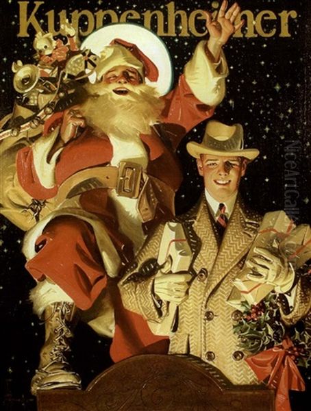 Merry Christmas From The Kuppenheimer's Oil Painting by Joseph Christian Leyendecker