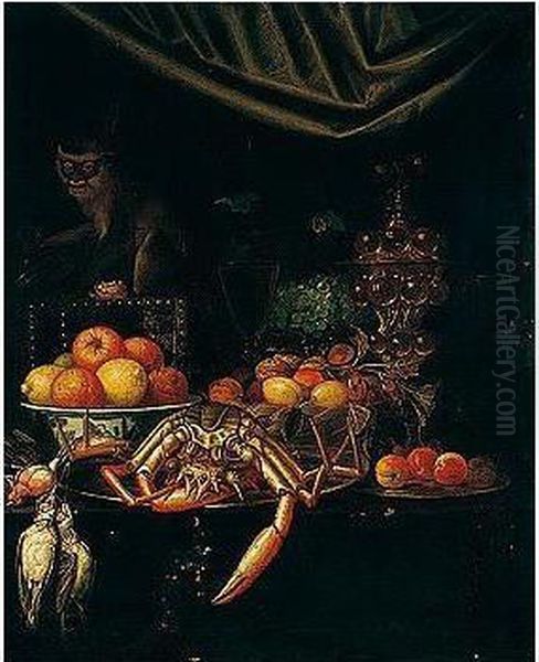 A Still Life Of Oranges And Lemons In A Porcelain Bowl, Fruit And Nuts In A Wicker Basket, Grapes On A Silver Tazza, Apricots And A Spider Crab On Pewter Plates, An Ormolu Goblet And A Wine Glass, Songbirds, Arranged Upon A Table Top, Together With A Monk Oil Painting by Andries, Andrea Benedetti