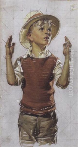 A Study Of A Boy Wearing A Hat With His Hands Raised by Joseph Christian Leyendecker