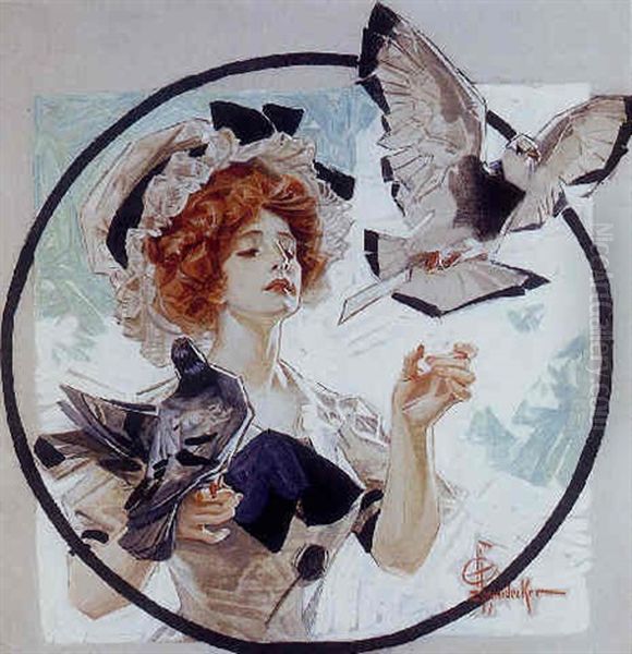 A Woman With Doves Oil Painting by Joseph Christian Leyendecker