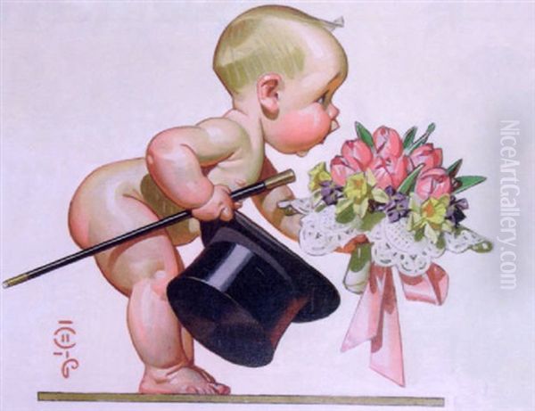 Formal Baby Presenting Bouquet Oil Painting by Joseph Christian Leyendecker