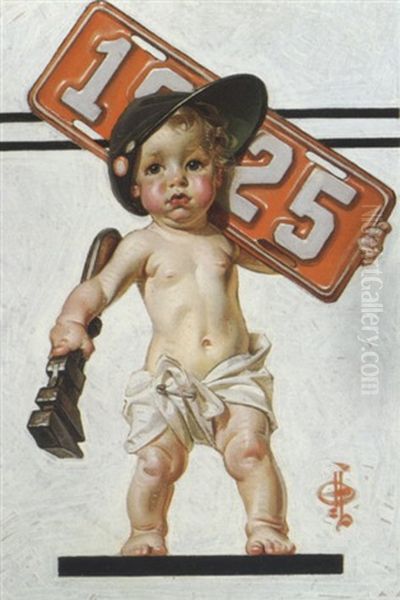 New Year's Baby Mechanic Oil Painting by Joseph Christian Leyendecker