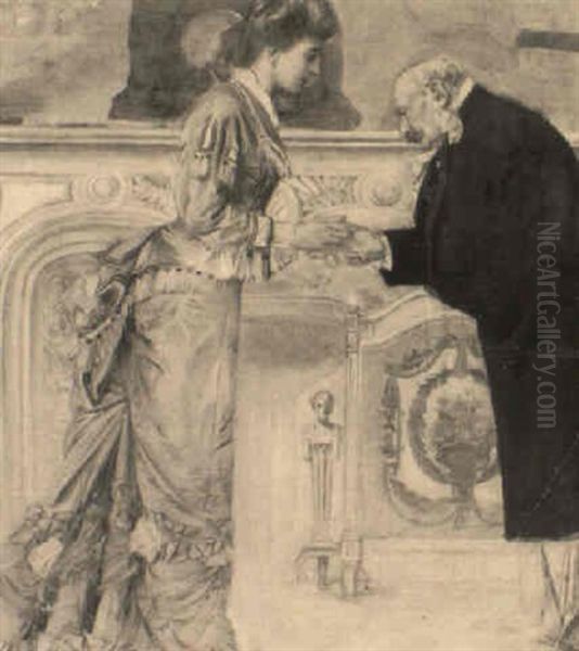 Woman Greeting Older Man By Fireplace Oil Painting by Joseph Christian Leyendecker