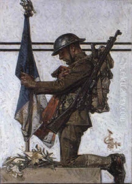 Soldier Kneeling At French Memorial Oil Painting by Joseph Christian Leyendecker