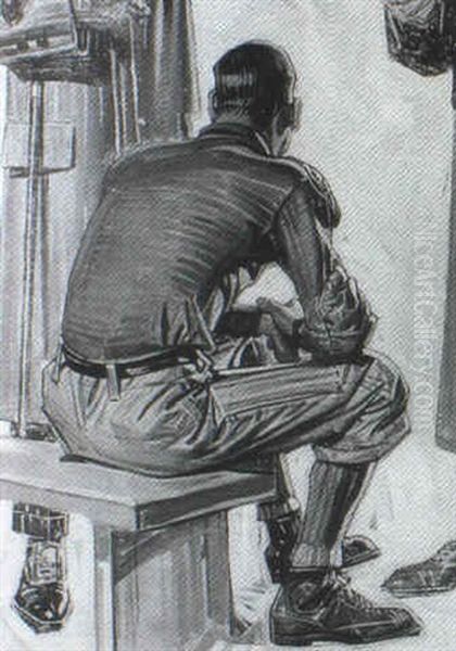 Partial Advertisement: Football Player Seated On Bench,     Standing Figures Nearby Oil Painting by Joseph Christian Leyendecker