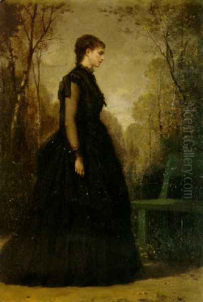 An Elegant Lady In A Park Oil Painting by Eugene Leygue