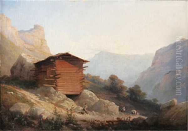 Vilande Vandrare I Alplandskap Oil Painting by Hippolyte Leymarie