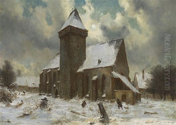 Alte Klosterkirche Im Winter (st. Michaelis In Bautzen?) Oil Painting by Julius Karl von Leypold