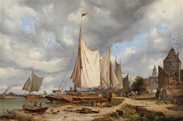 Hafenansicht Mit Lastkahnen Oil Painting by Julius Karl von Leypold