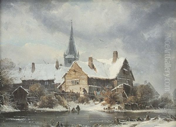 Verschneites Dorf An Einem Zugefrorenen Flus Oil Painting by Julius Karl von Leypold