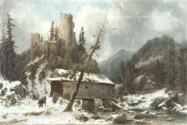 Die Burgruine Frauenstein Im Winter Oil Painting by Julius Karl von Leypold