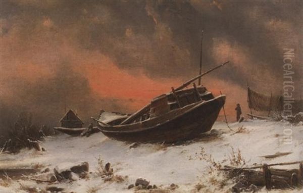 Winter Am Seeufer. Aufliegende Segel- Und Ruderboote Im Schnee Oil Painting by Julius Karl von Leypold