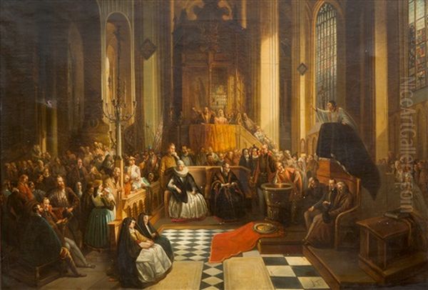 Herstel Van De Katholieke Eredienst In De Onze-lieve-vrouwekathedraal Van Antwerpen / Retablissement Du Culte Catholique Dans La Cathedrale Notre-dame D'anvers / Restoration Of Roman Catholic Authority In The Cathedral Of Our Lady In Antwerp In 1585 Oil Painting by Hendrik Jan Augustyn Leys