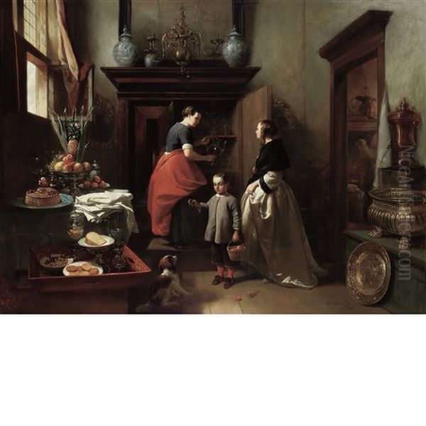 Interior With A Boy Offering A Treat To A Dog Oil Painting by Hendrik Jan Augustyn Leys