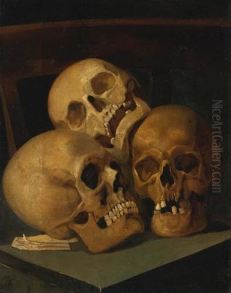 Still Life Of Three Skulls Oil Painting by Hendrik Jan Augustyn Leys