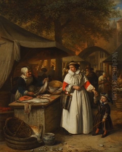 Le Marche Aux Poissons Oil Painting by Hendrik Jan Augustyn Leys