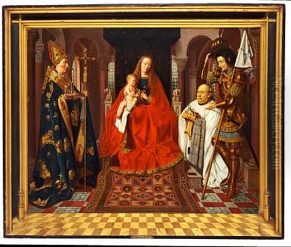 Madonna And Child With St. Donatian (+ St. George And Canon George Van Der Paele; 2 Works)(after Jan Van Eyck) Oil Painting by Hendrik Jan Augustyn Leys