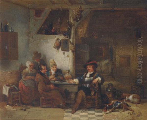 L'interieur D'auberge: A Soldier's Tales Oil Painting by Hendrik Jan Augustyn Leys