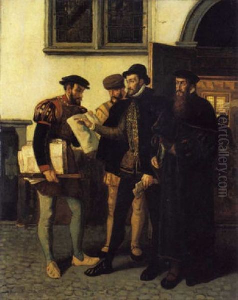 Christoffel Plantijn En De Humanist Arias Montanus Oil Painting by Hendrik Jan Augustyn Leys