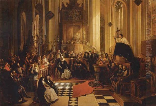 A Congregation In A Cathedral Oil Painting by Hendrik Jan Augustyn Leys