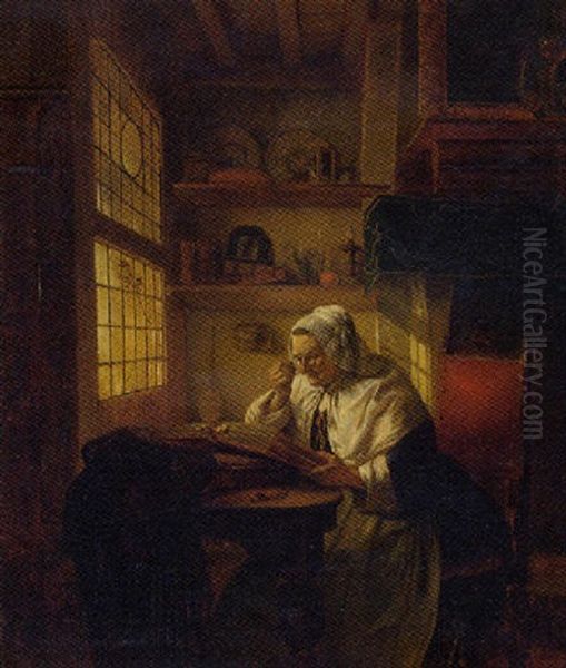 An Old Woman In An Interior Reading The Bible by Hendrik Jan Augustyn Leys