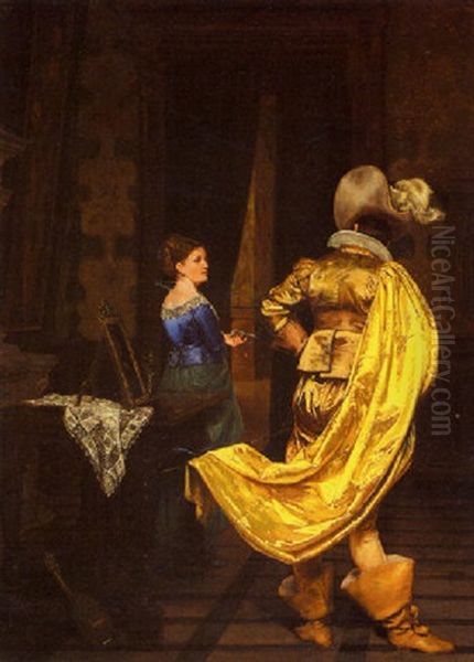 Cavalier Courting Lady In Parlor Oil Painting by Hendrik Jan Augustyn Leys