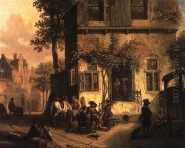 Halt At The Tavern Oil Painting by Hendrik Jan Augustyn Leys