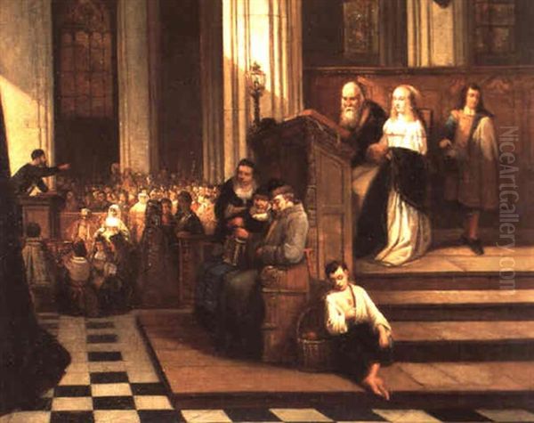 Kerkbinnengezicht Met Personages Oil Painting by Hendrik Jan Augustyn Leys