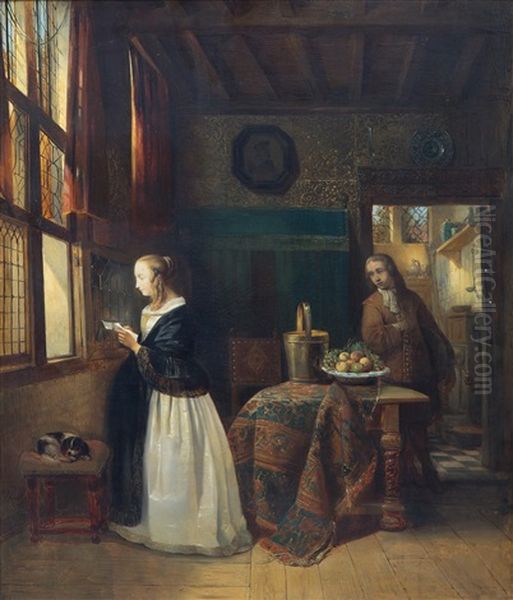 An Interior Scene With A Woman Reading A Letter Oil Painting by Jean Auguste Henri Baron Leys