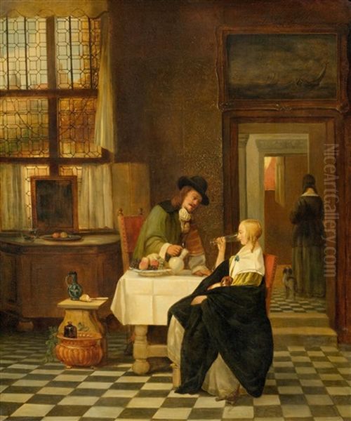 An Interior Scene With Elegant Figures At A Table Oil Painting by Jean Auguste Henri Baron Leys