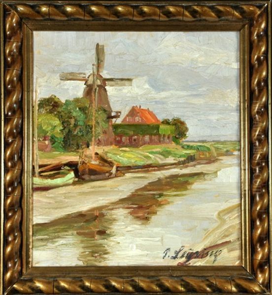 Niederlandische Flusslandschaft Mit Booten Und Windmuhle Oil Painting by Piet Leysing