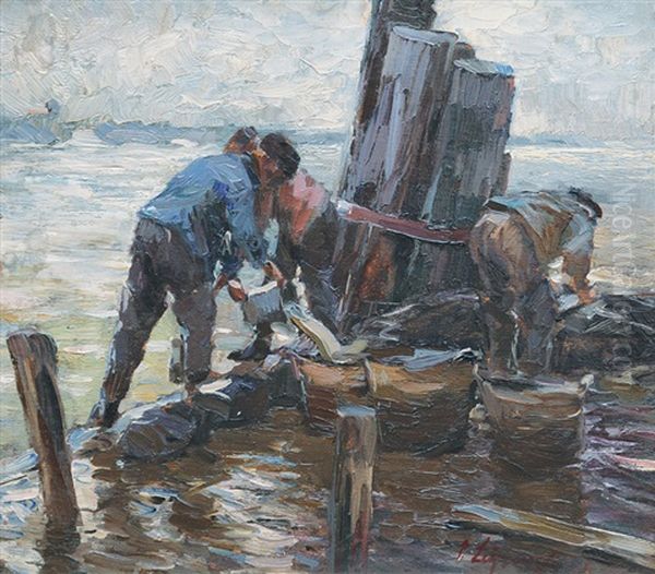 Fisherman On The Pier Oil Painting by Piet Leysing