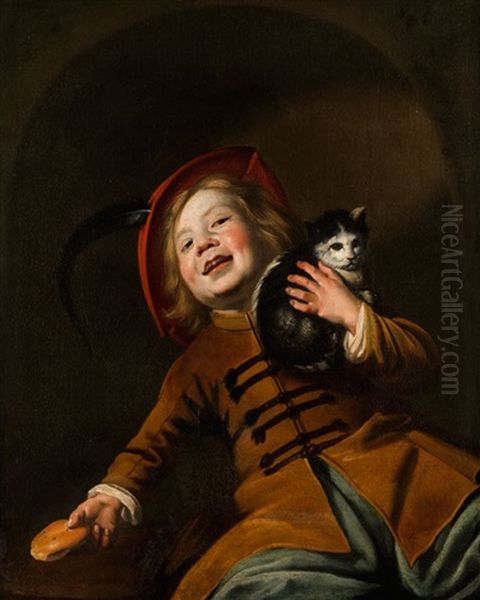 Bildnis Eines Jungen Mit Katze, Rotem Hut Und Einem Brotstuck Oil Painting by Judith Leyster