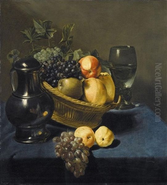 Still Life With Apples And Grapes In A Wicker Basket, With A Roemer And A Ewer On A Blue Draped Table Oil Painting by Judith Leyster