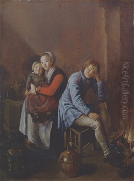 A Youth Asleep, And A Young Mother And Her Child At A Fireside In An Interior Oil Painting by Judith Leyster