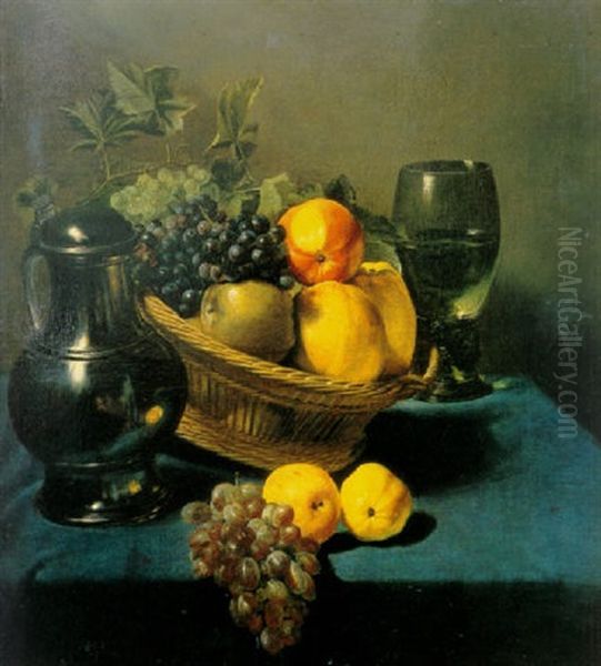 A Still Life Of A Basket Of Fruit, A Pewter Tankard, A Glass Roemer, Grapes And Apples, All Resting On A Table Oil Painting by Judith Leyster