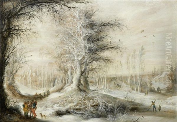 A Winter Landscape Travellers, A Village Beyond Oil Painting by Gysbrecht Leytens