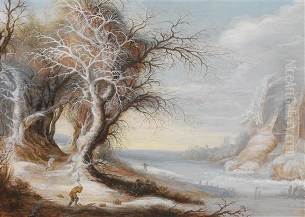 Eine Winterlandschaft Mit Einem Holzfaller Oil Painting by Gysbrecht Leytens